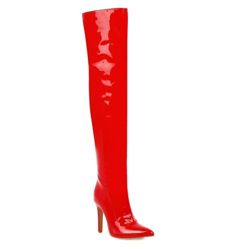 WOkismD 10,5 CM Sexy Herbst Und Winter Seitlicher Reißverschluss Stiletto Heels Frauen Reiter Stiefel Hoch Über Das Knie Stiefel,Rot,40 EU