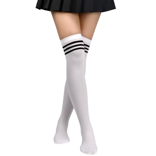 Aomig Damen Overknees Strümpfe, 1 Paar Dünne Einfarbig Gestreifte Lange Kniestrümpfe Mädchen, Lässige Kniehohe Socks für den Alltag, Weihnachten und Halloween Cosplay（Weiße Streifen）