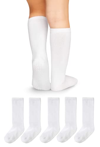 LA Active Baby Kleinkind Grip Kniesocken - 5 Paar - rutschfest (Weiß, 4-6 Jahre)