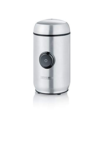 SEVERIN Kaffee- und Gewürzmühle, Aromaschonendes Mahlen dank hochwertigem Edelstahlmesser, Individuell einstellbarer Mahlgrad per Tastendruck, 150 W, ca. 50g Kapazität, silber, KM 3879