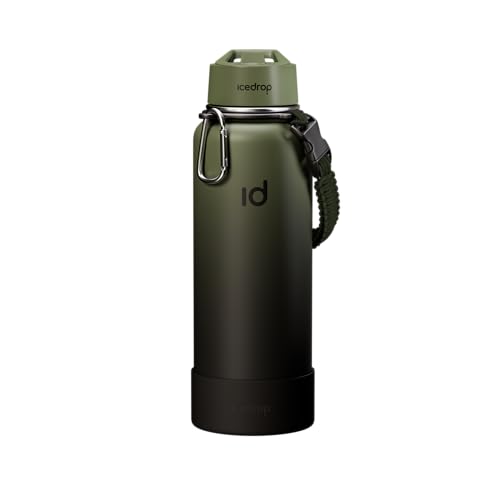 IceDrop® XXL Thermo Trinkflasche Edelstahl [1.2L] für eiskalte & heiße Getränke I 100% auslaufsicher & Kohlensäure geeignet I Isolierflasche mit 2 Deckeln I Edelstahl Trinkflasche - Olive Schwarz