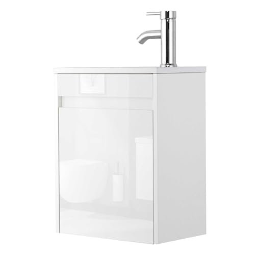 UEV Waschtisch mit Unterschrank 40,6cm, Gäste-WC Waschtisch, Waschbecken mit Unterschrank, Waschtischunterschrank hängend, Waschplatz, Badmöbel Set für Badezimmer,Weiß