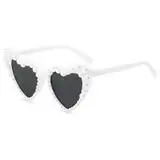Herz Sonnenbrille Mit Perle - Vintage Herzförmige Brille für Damen, Pearl Sunglasses für Hochzeit Party (Weiß)