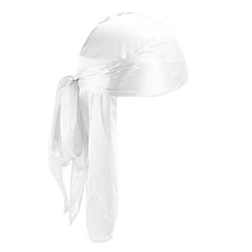 Cokbyavla Cap Mit Ohrenschutz für Damen, seidiger Hut, Bündel mit langem, dehnbarem Schwanz Breiten Riemen, Loss Caps, Slouchy Hat Cap Mit Ohrenschutz (White, One Size)