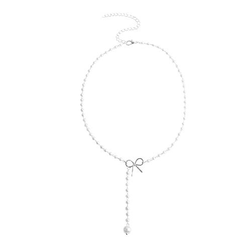 PTLLEND Sandsack Halskette Halskette Schleife Halskette Lange Perle Quaste Halskette Perlenkette Schmuck Für Frauen Mädchen Halskette Schlicht (Silver, One Size)