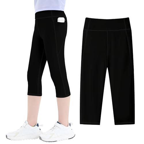 JinBei Sport Leggings Mädchen Capri 3/4 Sporthose mit Taschen Hohe Taille Kinder Yogaleggings Trainingshose Knielang Jogginghose Elastisch Schwarz Legging für Fitness Gym Tanz, GR.122-128