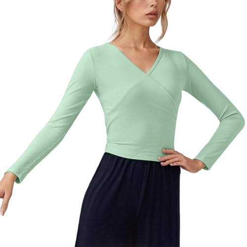 Damen T-Shirts, V-Ausschnitt, Lange Ärmel, Krawattendesign, lässig bequem für alle Anlässe, geeignet für Alltag, Tanzen Freizeitaktivitäten (Light Green, M)