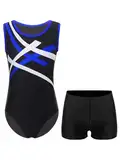MSemis Gymnastik Trikot für Jungen Kinder Turnanzug Gymnastikanzug Ärmellos Gymnastik Trikot Ballettbody mit Tanz shorts Tanzbekleidung Blau Schwarz 146-152