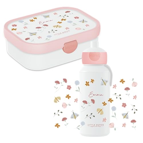 Mepal Little Dutch Lunchset Campus Personalisierte Lunchbox & Trinkflasche - Wasserflasche und Brotdose mit Namen - Pausenset Schule und Freizeit - BPA-frei & Spülmaschinenfest - Flowers & Butterflies