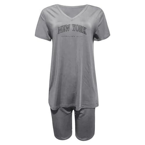 Zweiteilige Damen-Outfits für Damen, kurzärmeliges Shorts-Set mit V-Ausschnitt Schlafanzug Hosen Damen Hausanzug Damen Sommer Hausanzug Damen Elegant Damen Jogginganzug Damen Sportanzug (Grey, S)