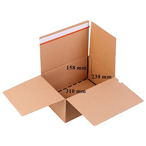 smiley pack 60 Stück Automatikboden Karton 310 x 230 x 158 mm Fix Aufrichtekarton mit Selbstklebeverschluss und Aufreißfaden Versandschachtel Versandkarton Verpackungskarton Versandbox