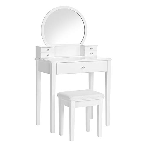 VASAGLE Schminktisch-Set, Frisiertisch, mit Spiegel, modern, gepolsterter Hocker, 5 Schubladen, 70 x 40 x 134 cm, Geschenkidee, weiß RDT152W01