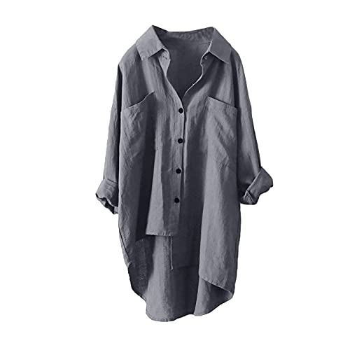 Musselin Bluse Damen Sommer Leichte Atmungsaktive, Leinen Blusenshirt Casual Fashion, Oversized Locker Freizeit Lange Leinenhemd, Einfarbige Langarm Oberteile Baumwolle Leinen Sommerblusen Longbluse