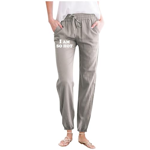 Generisch Strandhose Damen Langes Lässige, minimalistische Frühlings-/Sommerhose für Damen in einfarbiger Farbe mit bedruckten Taschen Kordelzug. Heimhose 8 Lustige Hose Damen Sommer Hosen (Grey, M)