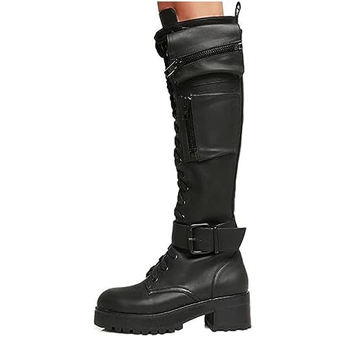 SIULAS Damen Vintage Mittelalter Stiefel - Vintage Round Toe Chunky Heel Schnürung Reißverschluss Knight Stiefel mit seitlicher Schnalle - kniehohe Stiefel aus PU-Leder - für Cosplay,Schwarz,43