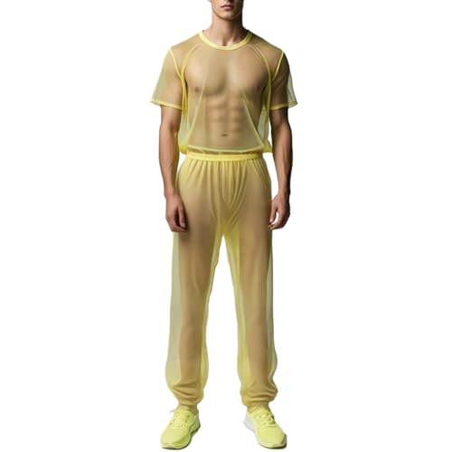 ZAIGELUO Herren Transparent Pajamas Sets Männer Durchsichtiges Sexy Mesh Lässig T Shirt Lounge Hosen Nachtwäsche L Gelb