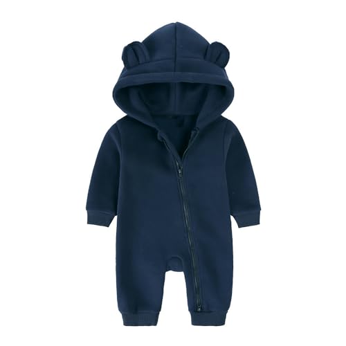 Alunsito Säuglingsbabys Mädchen Kleidung Reißverschluss Fleece Bärenohr mit Kapuze-Jumpsuit Langarm ein Stück warme Kleidung 80 dunkelblau 9-12 Monate