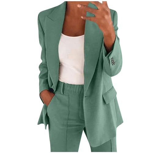 Frauen Zwei Stück Set Büro Business Langarm Taste Formale Jacke Hose Dünne Lose Hosen Jacke Damen Set (Mint Green, S)