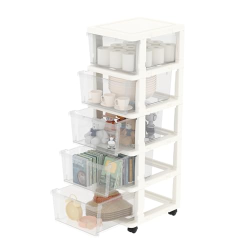 Cetomo Clearview Kunststoff 5 Aufbewahrungsschubladen, Aufbewahrungsschubladenwagen mit 4 Rollen für Zuhause, Schrank, Schlafzimmer, Bad, Büro, Waschküche, Küche und Schulwohnheim, weiß, 1er Set