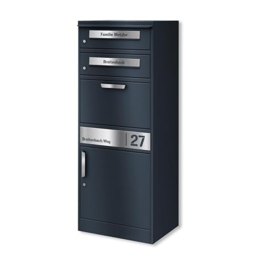 Metzler Paketbox mit 2 Briefkästen – 2er Briefkasten mit Paketfach & Namensgravur, Personalisierte Blenden aus Edelstahl – großer Outdoor Paketbriefkasten – RAL 7016 Anthrazitgrau - Modell Bispo