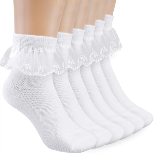 DIVINA VITAE 3 Paar Rüschen Socken Mädchen Weiße Spitzen Söckchen Rüschen Prinzessin Socken Bequeme Mode Baumwoll Socken für 8-12 Jahre Mädchen 20-22cm