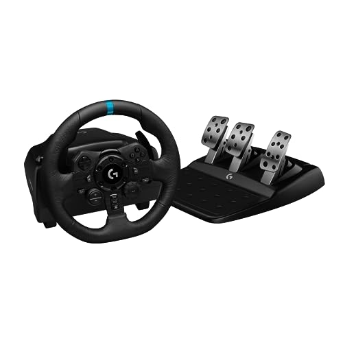 Logitech G923 TRUEFORCE Gaming Rennlenkrad mit Pedalen, Kraftrückkopplung bis 1000 Hz, reaktionsschnelles Fahren, Doppelkupplungssystem, Echtleder Lenkrad, für PS5, PS4, PC, Mac - Schwarz, USB