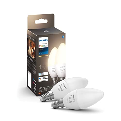 Philips Hue White E14 LED Lampen in Kerzenform 2-er Pack (470 lm), dimmbare LED Leuchtmittel für das Hue Lichtsystem mit warmweißem Licht, smarte Lichtsteuerung über Sprache und App