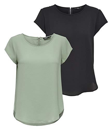 ONLY Damen ONLVIC S/S SOLID 2 Pack TOP WVN, Black/Desert SAGE, 42