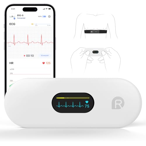 CheckMe ER2-S EKG für Zuhause, Mobile EKG Gerät mit Brustgurt, 30s - 15Mins, APP-Echtzeit-Wellenformen, unbegrenzte Datenspeicherung, 0,96 Zoll OLED-Bildschirm, für iOS & Android