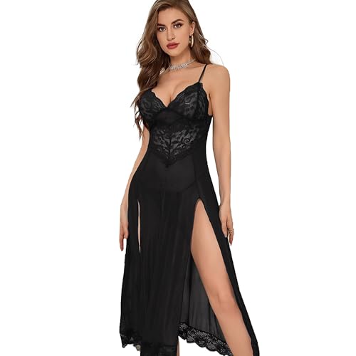 QeeFop Damen Dessous V-Ausschnitt Spitze Strapsen Kleid Bodysuit Longe Nachtwäsche Seitlich Geschlitztes Negligee Unterwäsche Langer Rock mit Tanga