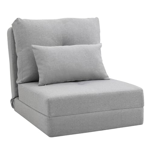 HOMCOM Bodensessel 2-in-1 Klappbett mit Verstellbarer Rückenlehne Bodensofa mit Zierkissen, Bodensitzkissen für Wohnzimmer, Schlafzimmer, Leinen, Grau