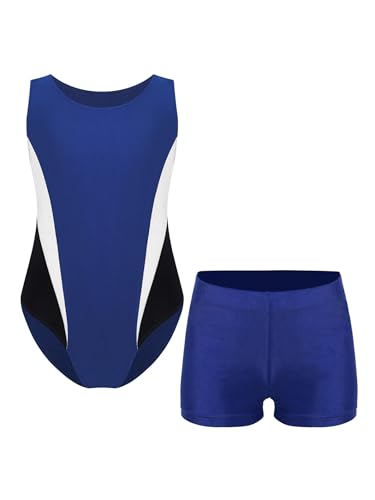 RUNQHUI Gymnastikanzug Kinder Jungen Ärmellos Turnanzug Ballettanzug Tanz Gymnastik Training Gymnastikbody mit Shorts Tanzkostüm Navy blau 122-128