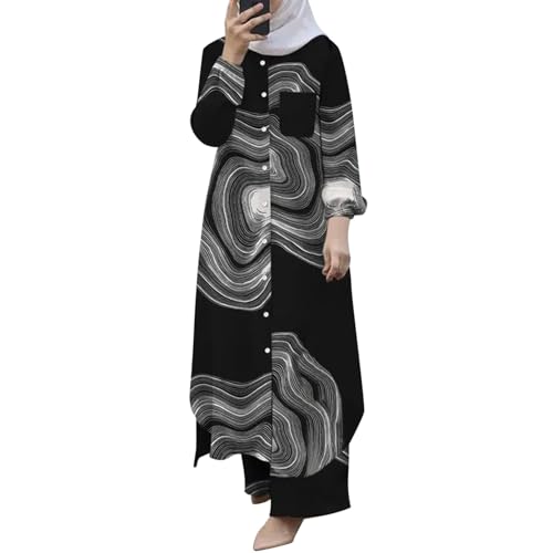 Muslimische Kleider Damen Muslimische 2-teilige Sets für Damen, Langarm-Button-Down-Hemd Hose, Abaya, Freizeitkleid, Dubai-Outfits Ringe Für Damen Abaya Kaftan mit Hijab Retro (240408A-Dark Gray, L)