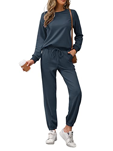 REORIA Damen Tracksuit Langarm Rundhalsausschnitt Einfarbig Zweiteiler Outfit Hoodie Jogger Trainingsanzug Set Sweatshirt & Jogginghose Marine L