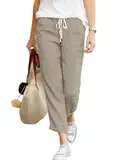 Hose Damen Leinen Sommerhose 7/8 Casual Leichte Baumwolle Leinenhose Stoffhose Bequeme Luftige Freizeithose Strandhose Mit Taschen (Khaki, L)