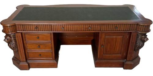 Prunk Schreibtisch Manor House – Englisch-klassischer Präsidenten-Desk aus massivem Mahagoni mit Lederauflage, Schnitzereien & Löwenköpfen, freistehend, 220 × 95 × 82 cm