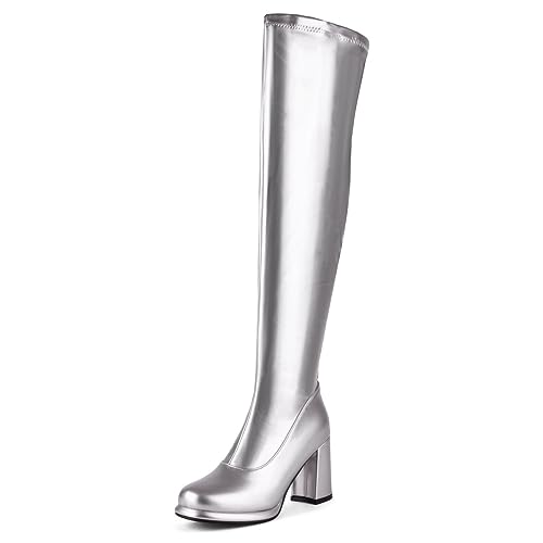 Roimaash Mode Plateau Overknee Gogo Stiefel Lack Silver Zipper Runde Zehen Discot Stiefel Block Heels Abend Pole Dance Lange Stiefel Plus Size 38