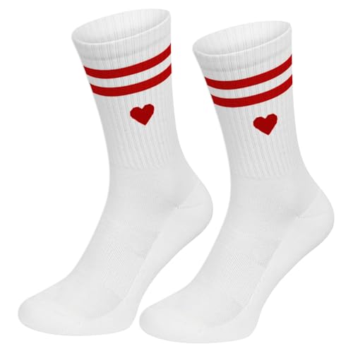 YANSYUN 1 Paar Tennissocken Damen 37-43 Frottee Sohle Atmungsaktiv Baumwollsocken Damen mit Streifen Herz Weiß Tennis Socken Geschenke für Frauen