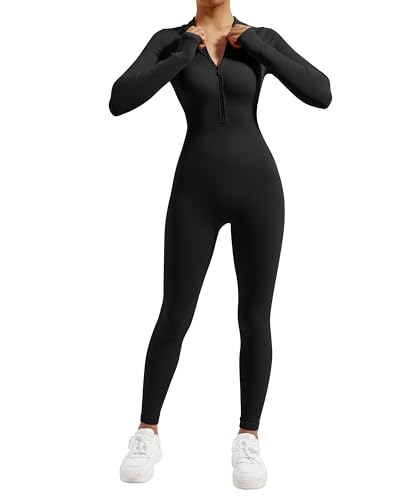 DOULAFASS Reißverschluss Full Body Jumpsuit Damen Langarm Yoga Einteiler Sport Romper Gerippte All In One Bodycon Jumpsuit