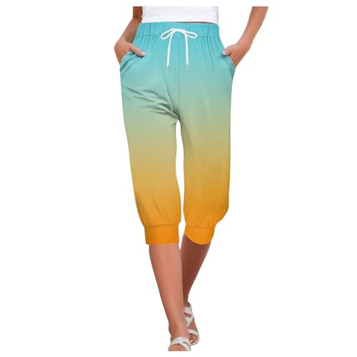 DondPO Caprihose Damen Sommer Mit Buntem Farbverlauf Drawstring Dreiviertel Haremshose Sporthose 3/4 Pumphose Stretch Leicht Und Luftig Yogahose Jogginghos Modisches Freizeithose Orange M