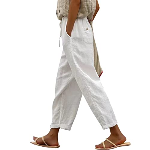 Leinenhose Damen Oversize Frauen Solide Schnürhose Hose Lässige Baggy Hose mit elastischer Taille Breites Bein Hose mit Tasche Modehose Gerade Freizeithose Gewaschene Bequeme Hosen Damen (White, XXXL)