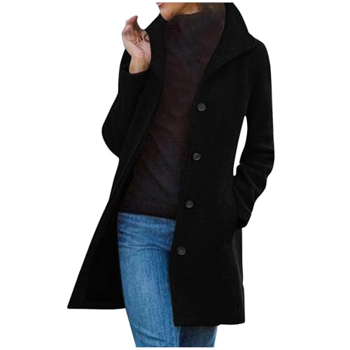 Wolljacke Damen Warme Lang Mantel Trenchcoat Locker Longline Winterjacke mit Taschen Wollmantel Hemdjacke Wool Coat Einreihig Urlaub Freizeit Damenbekleidung Reisen Damenjacke Outwear