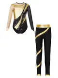 JanJean Kinder Mädchen Gymnastikanzug Langarm Turnanzug Ballettanzug mit Leggings Sport Hose Strass Tanzbody Gllitzer Turnbody Trainingsanzug Xb Gold 134-140