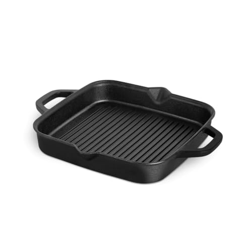 BURNHARD Gusseisen Grillpfanne, quadratisch 26 cm, Pre-Seasoned, Steakpfanne für Gasgrill, Backofen, Feuerstelle und alle Herdarten inkl. Induktion