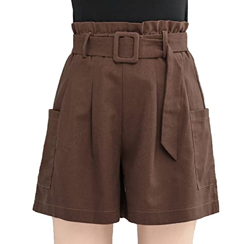 Generic Kausal-Shorts Mit PapiergüRtel FüR Damen Faltenbund Lockerer Passform GüRteltaschen Lounge-Shorts Hohe Taille Weites Bein Kurze Hosen (M,Braun)