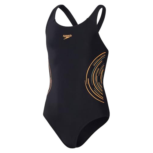 Speedo Placement Muscleback Badeanzug für Mädchen, Schwarz / Orange, schwarz/orange, 13-14 Jahre