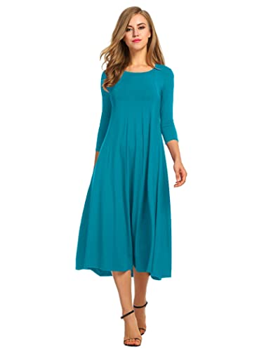 Hotouch Damen Kleider Rundhals Freizeitkleider Klassiker Tunika Kleid 3/4 Ärmel A-Linie Kleider Elegant Wickelkleid Jadegrün L