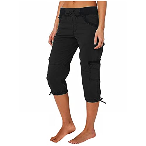 EMATOP Cargohose Damen 3/4 Lange Hosen Regular Fit Einfarbig Sporthose Lässiges Baggy Caprihose Vintage Jogginghose Hohe Taille Elegant Sweathose Shorts mit Taschen Arbeitshose Kurze Yogahose