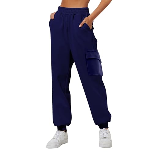 QWUVEDS Damen Sporthose Jogginghose Laufhosen Gummibund Sweathose mit Taschen Stoffhose Lange Yoga Hosen Sweathose mit Taschen High Waist Bequeme Lockere Freizeithose Fitness Loungewear L,B1-Blau