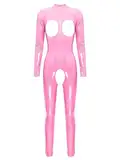 TiaoBug Damen Wetlook Bodysuit Ouvert Hose Latex Catsuit Lack Leder Overall Jumpsuit Langarm Top Hot Pants Sexy Dessous Gogo Clubwear Hot Pink F XL